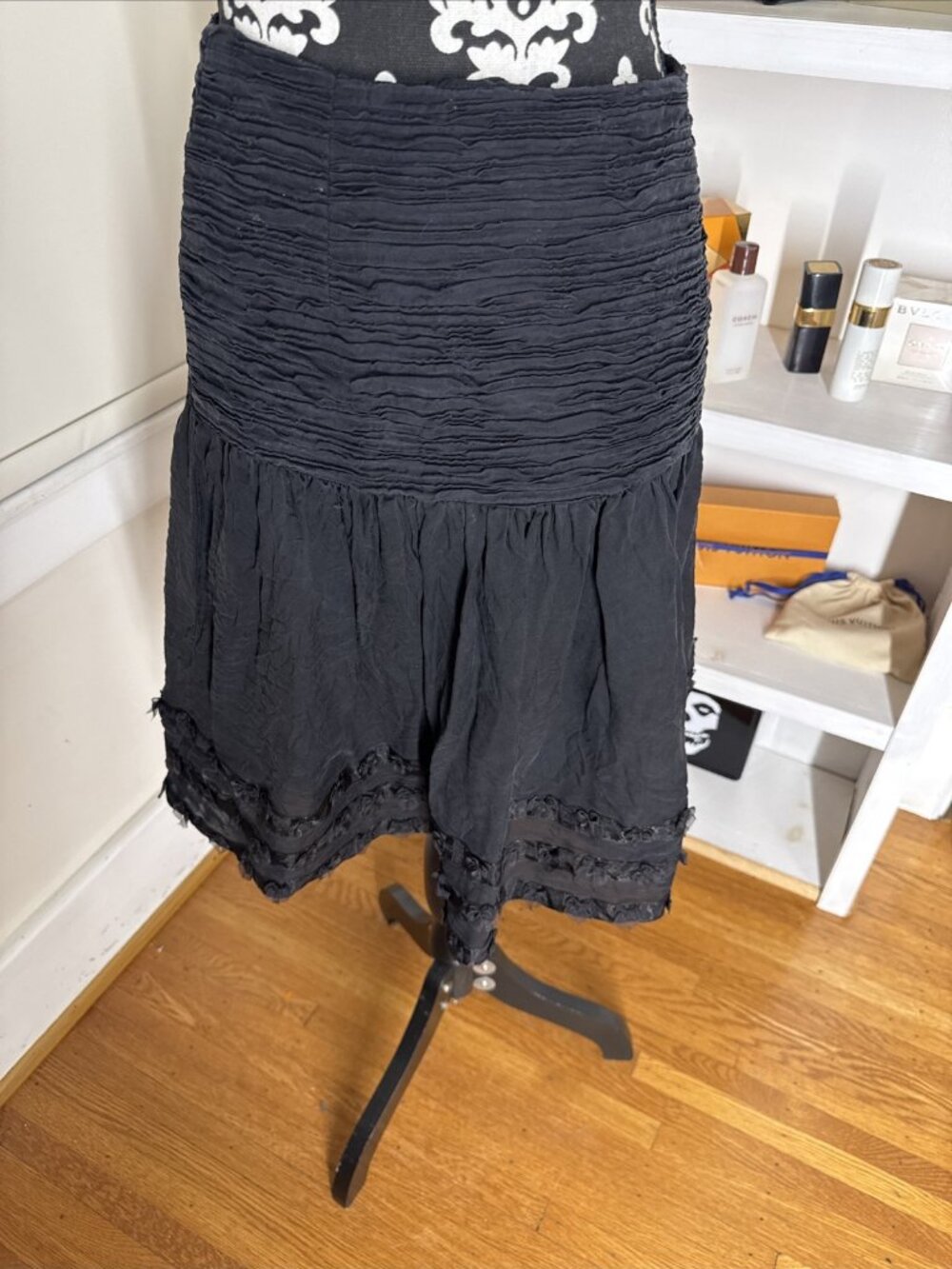 Vintage SARA JANE 4 Silk Skirt black Ruffles gathered lined Goth City